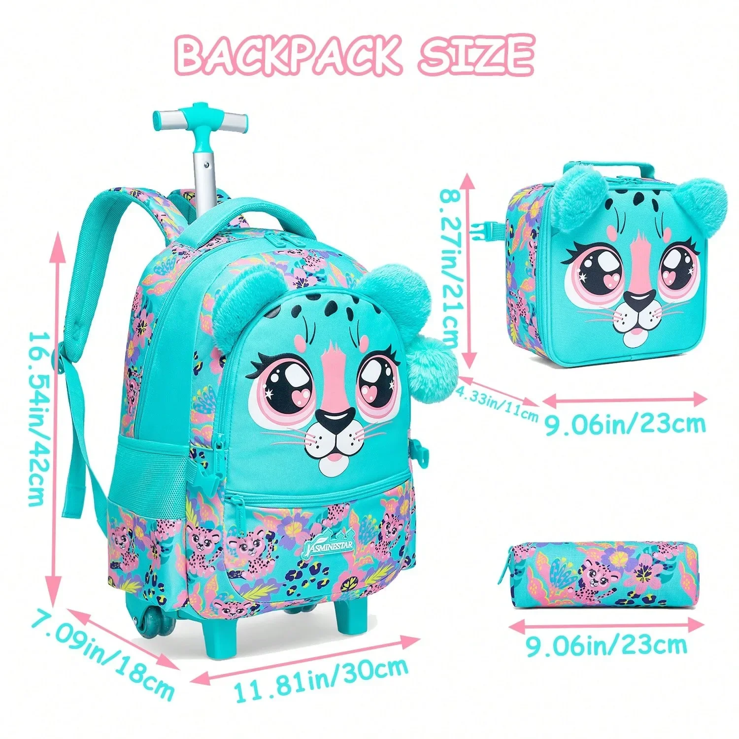 3PCS Rolling Backpack for Girls Backpacks with Wheels for Elementary Students 3 in 1 Carry on Luggage Bag Kids Travel Suitcase
