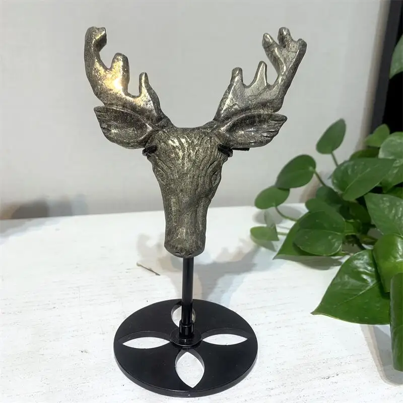 Natural pyrite Deer head Carving Reiki Crystals And Stones Healing Home Decoration Accessories Gift 1PCS