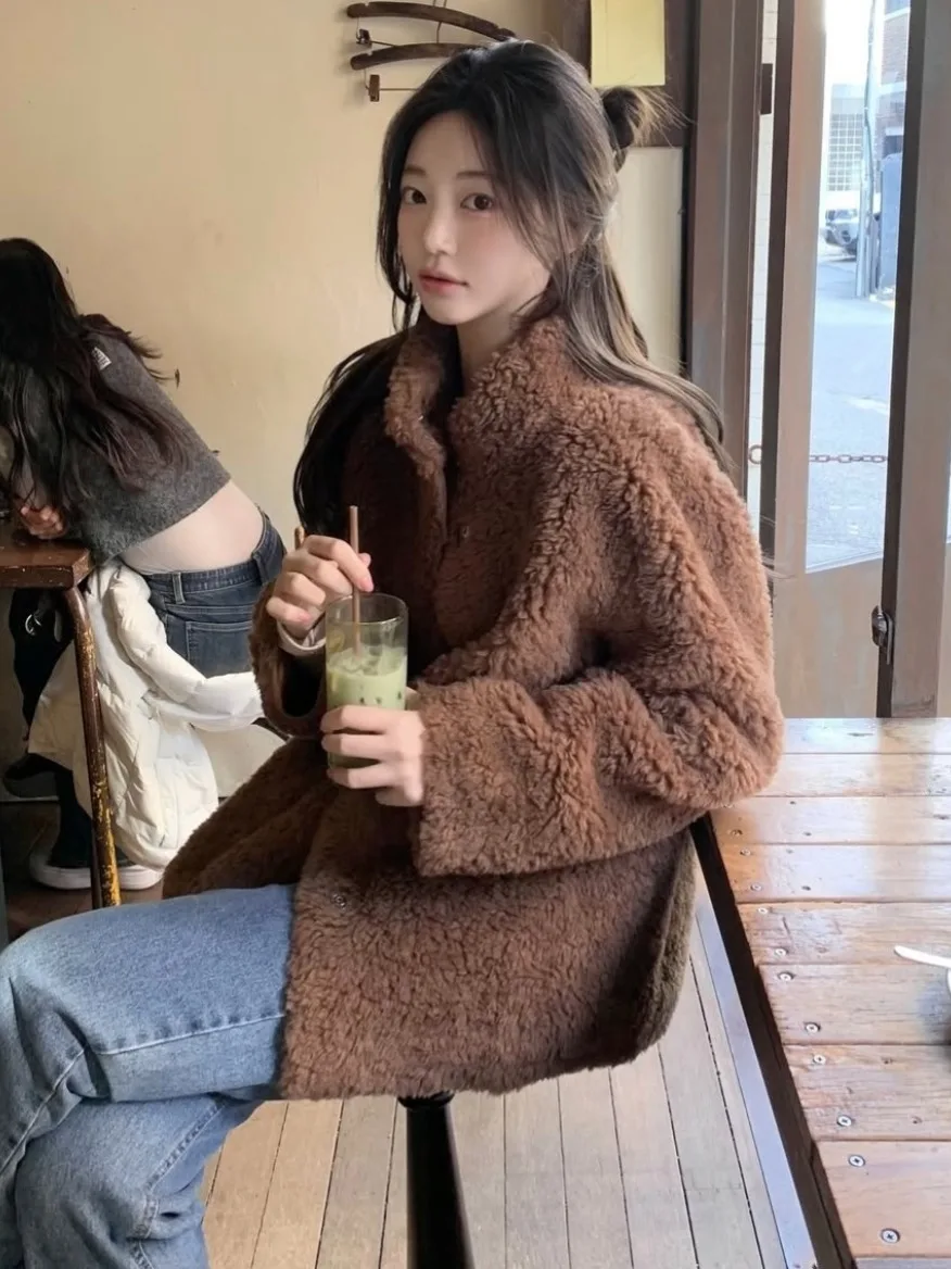Jaet peludo caído de piel y cuero con cuello levantado de viento suave, abrigo de algodón de piel de cordero suelto para mujer, duradero para uso diario