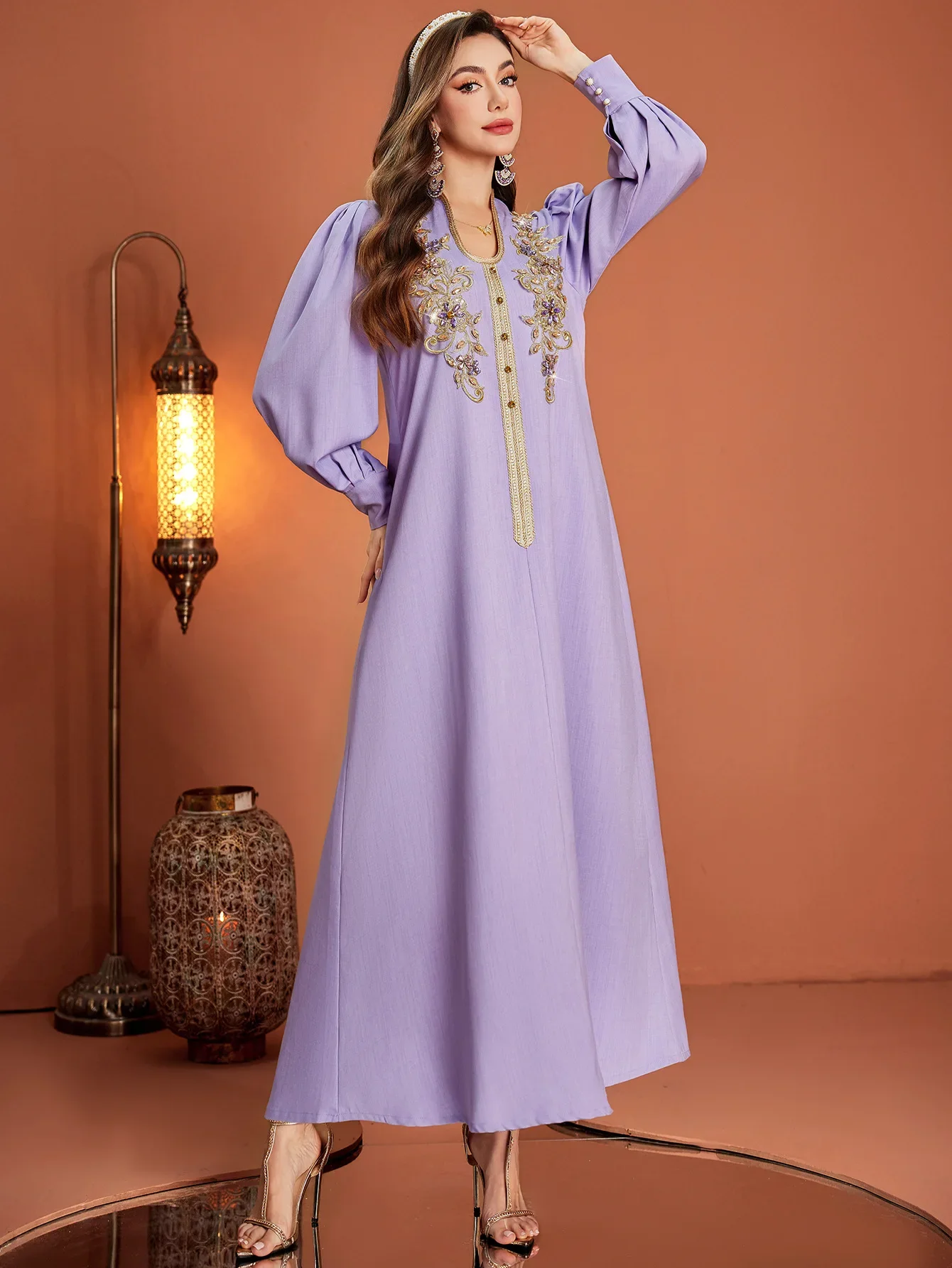 Eid Muslim Dress Women Abaya Diamond Puff Sleeve Long Dresses Vestidos Largos Party Caftan Jalabiya Ramadan Arab Long Robe 2025