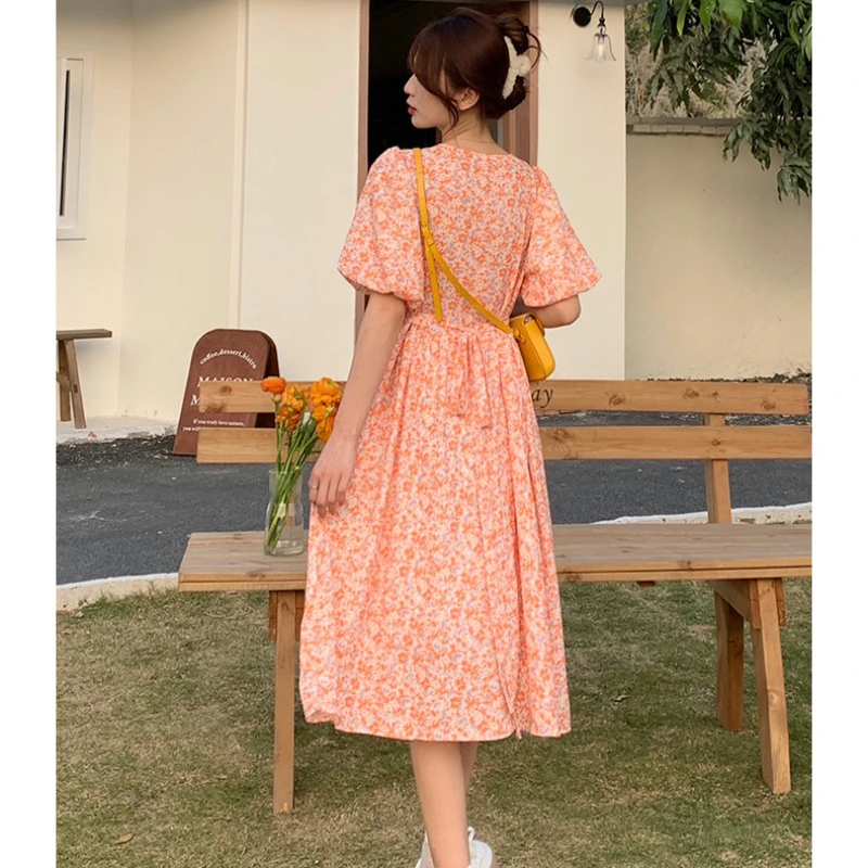 Robe mi-longue florale à manches bouffantes pour femmes, robes douces, chic, décontracté, Ulzzang, Girlish Tender, Streetwear populaire, vacances, été