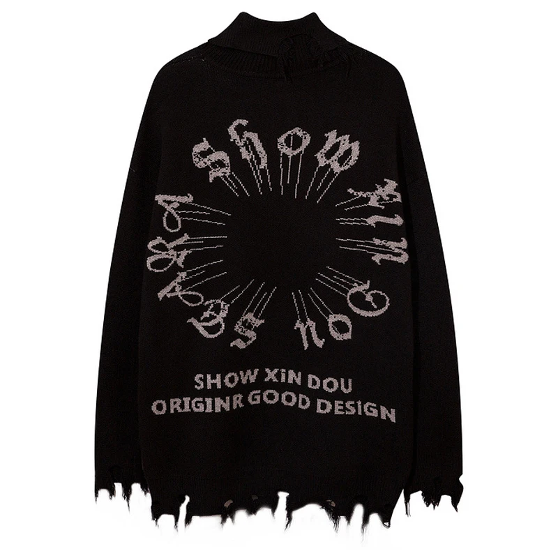 

Men Oversized Sweater Black Loose Circle Letter Print Women Vintage Hole Knitted Sweater 2022 Autumn Cotton Pullover Unisex Tops