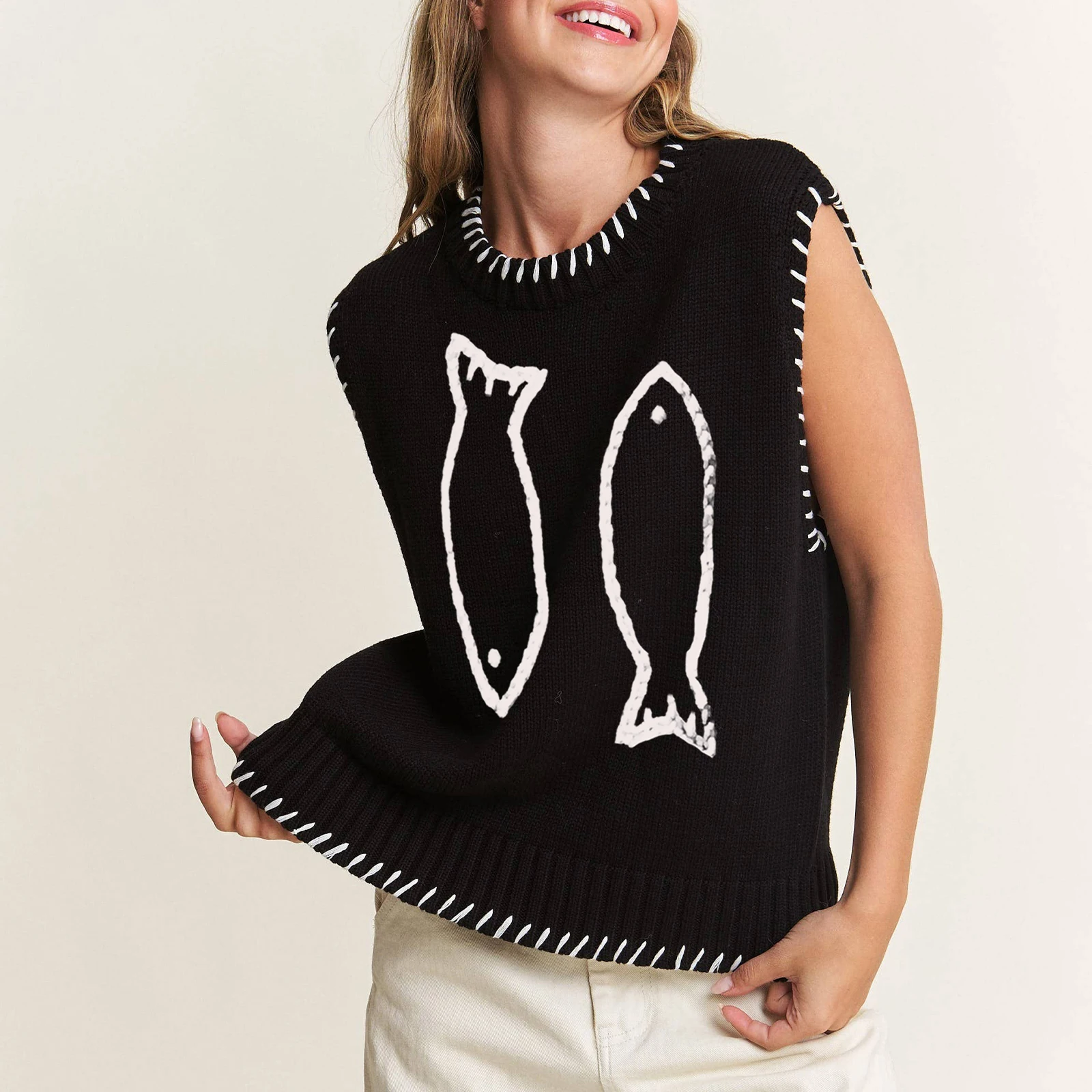 

Women's Y2K Vintage Sleeveless Knitwear Sweaters Aesthetic Fish Pattern Print Crew Neck Pullover Vest Tops Casual Streetwear