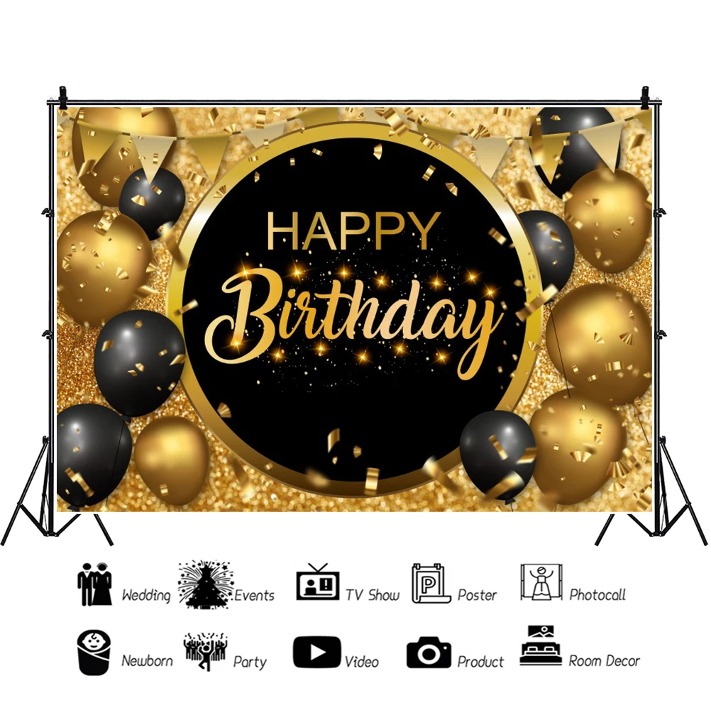Telón de fondo de feliz cumpleaños personalizado, cartel de cartel negro y dorado, tela con purpurina, cortina, decoraciones de fiesta