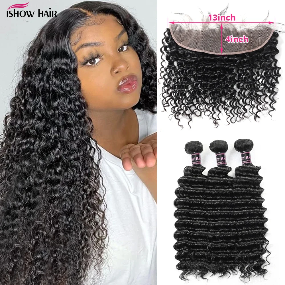 

Ishow 13x4 HD Transparent Lace Frontal With Bundles Deep Wave Bundles With Frontal Remy Human Virgin Hair Bundles Free Shipping