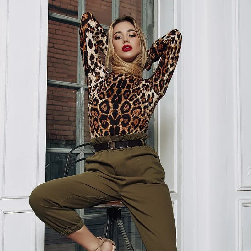 

Summer Leopard Bodysuit for Women Sexy Bodycon Skinny Body Suit Turtleneck Long Sleeve Playsuit Printed Rompers Jumpsuits