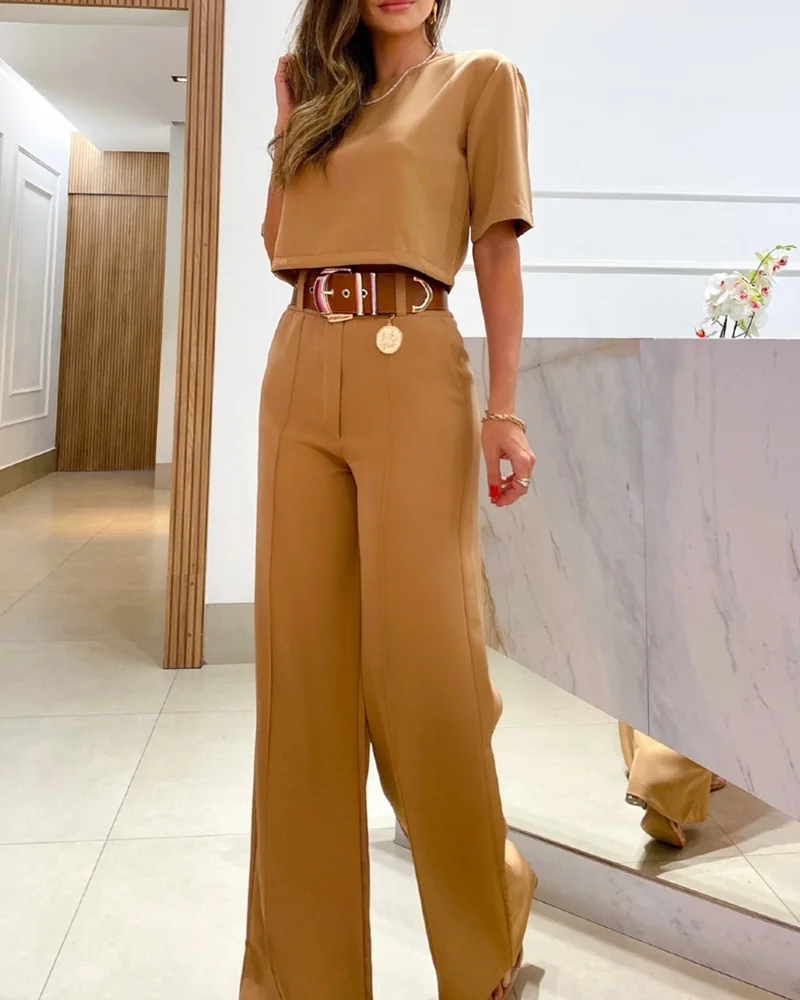 Women\'s Elegant Crop T Shirt And Pants Two Piece Set Summer Fashion Short Sleeve Tshirts Casual High Waist Wide Leg Pants Suits