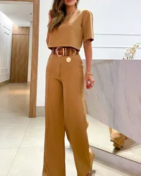 Women's Elegant Crop T Shirt And Pants Two Piece Set Summer Fashion Short Sleeve Tshirts Casual High Waist Wide Leg Pants Suits