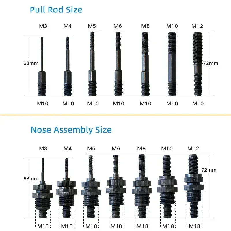 Hydraulic Automatic Pneumatic Rivet Nut Gun Nose Assembly Double Threaded Pull Rod Riveter Tool Accessories M3M4 M5 M6 M8 M10M12 - view 2