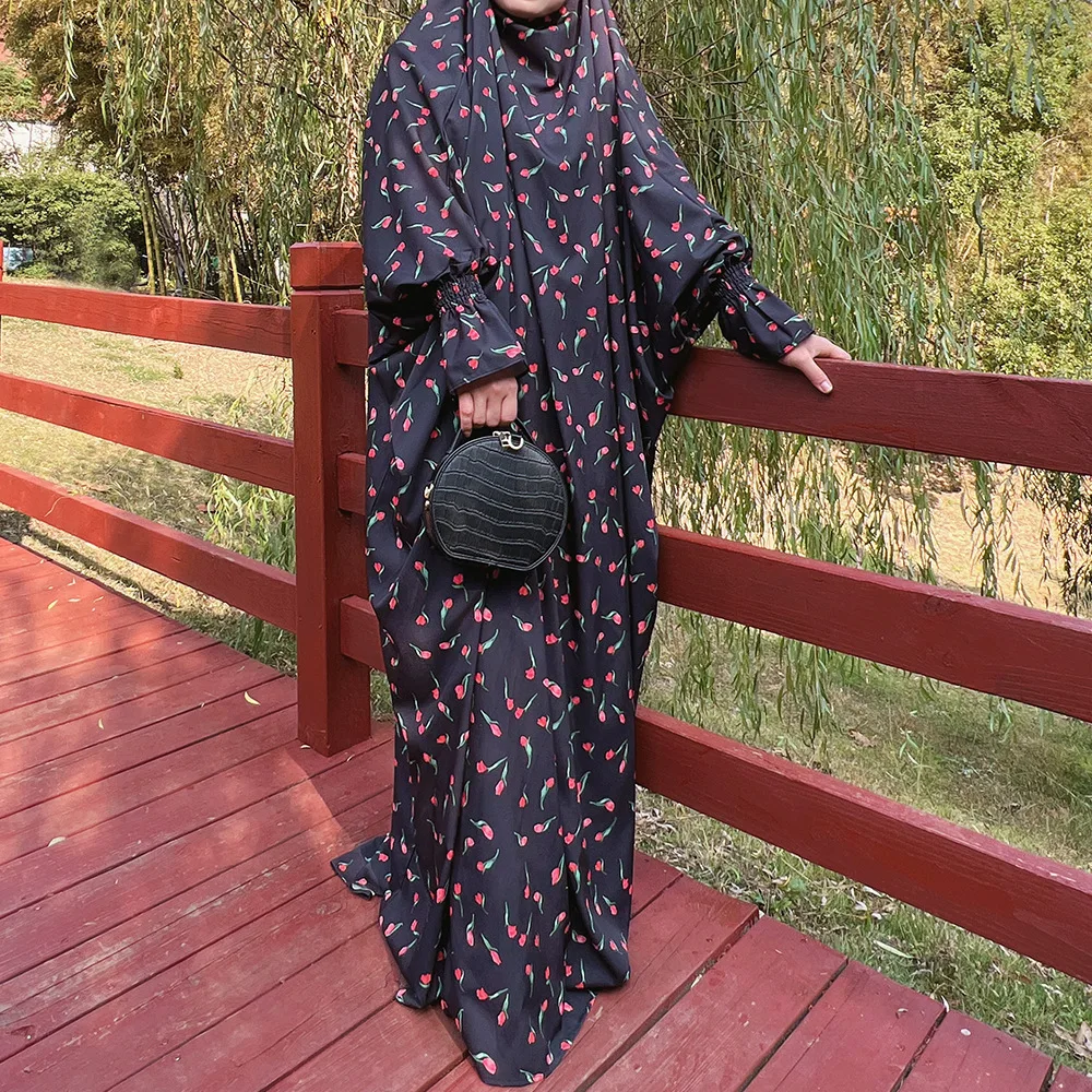 Eid Hooded Abaya Women Muslim Prayer Garment Printed Maxi Dress Kaftan Overhead Arabic Robe Islamic Khimar Abayas Ramadan Caftan