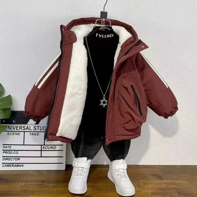 

Boys' Fleece-Lined Thickened Winter Parka Cotton Coat 5-10 Years Old Trendy Kids' Insulated Outdoor Jacket