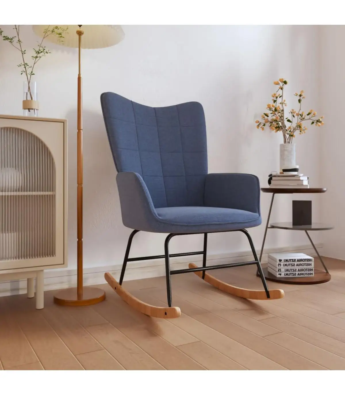 Blue fabric rocking chair