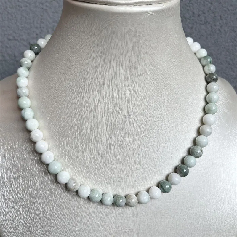 8MM White Green China Jade Calcite Necklace Natural Stone Stainless Steel Chocker Wholesale Beads Mother Daughter