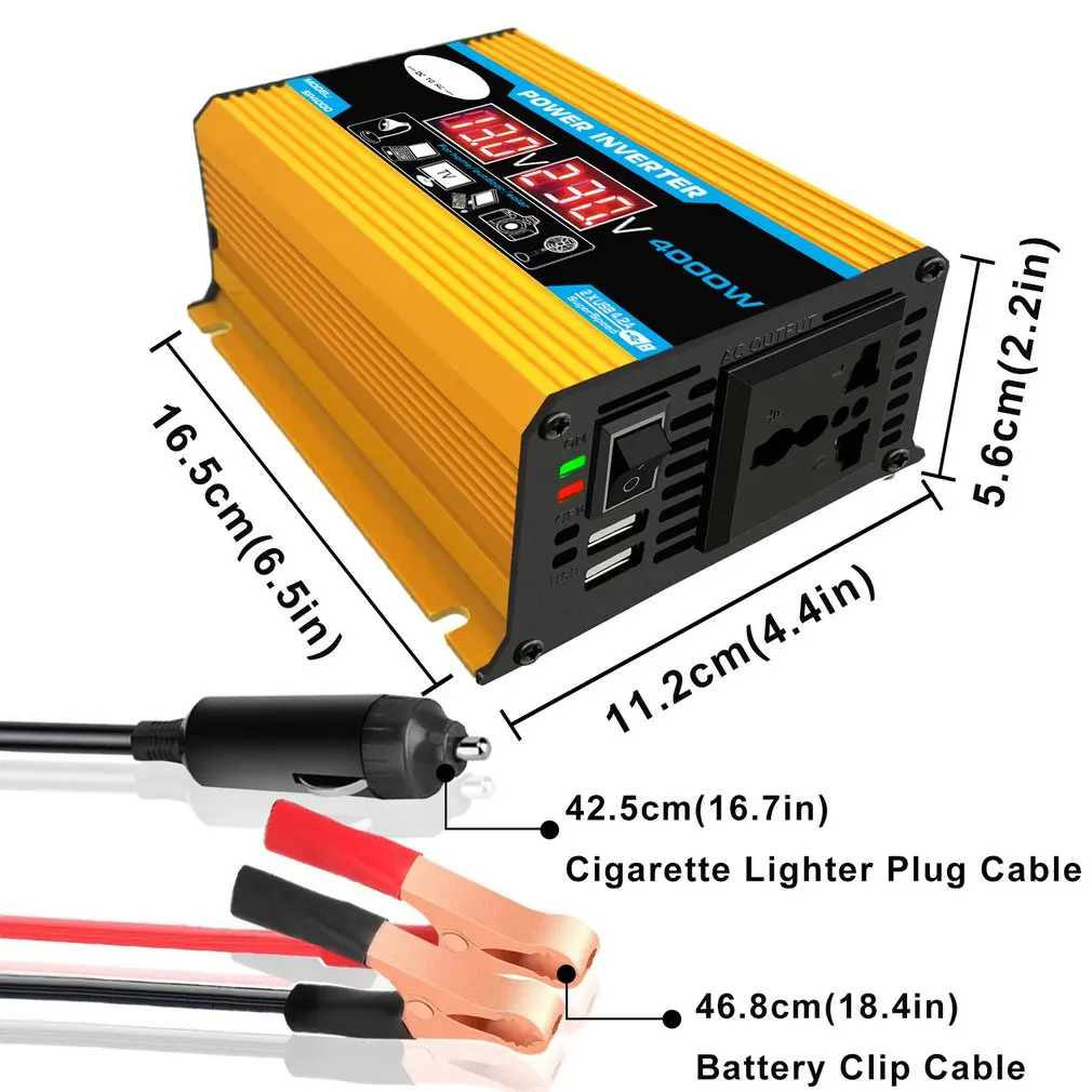 4000W 12V to 220V/110V LED Car Power Inverter Converter Charger Adapter Dual USB Voltage Transformer Modified Sine Wave