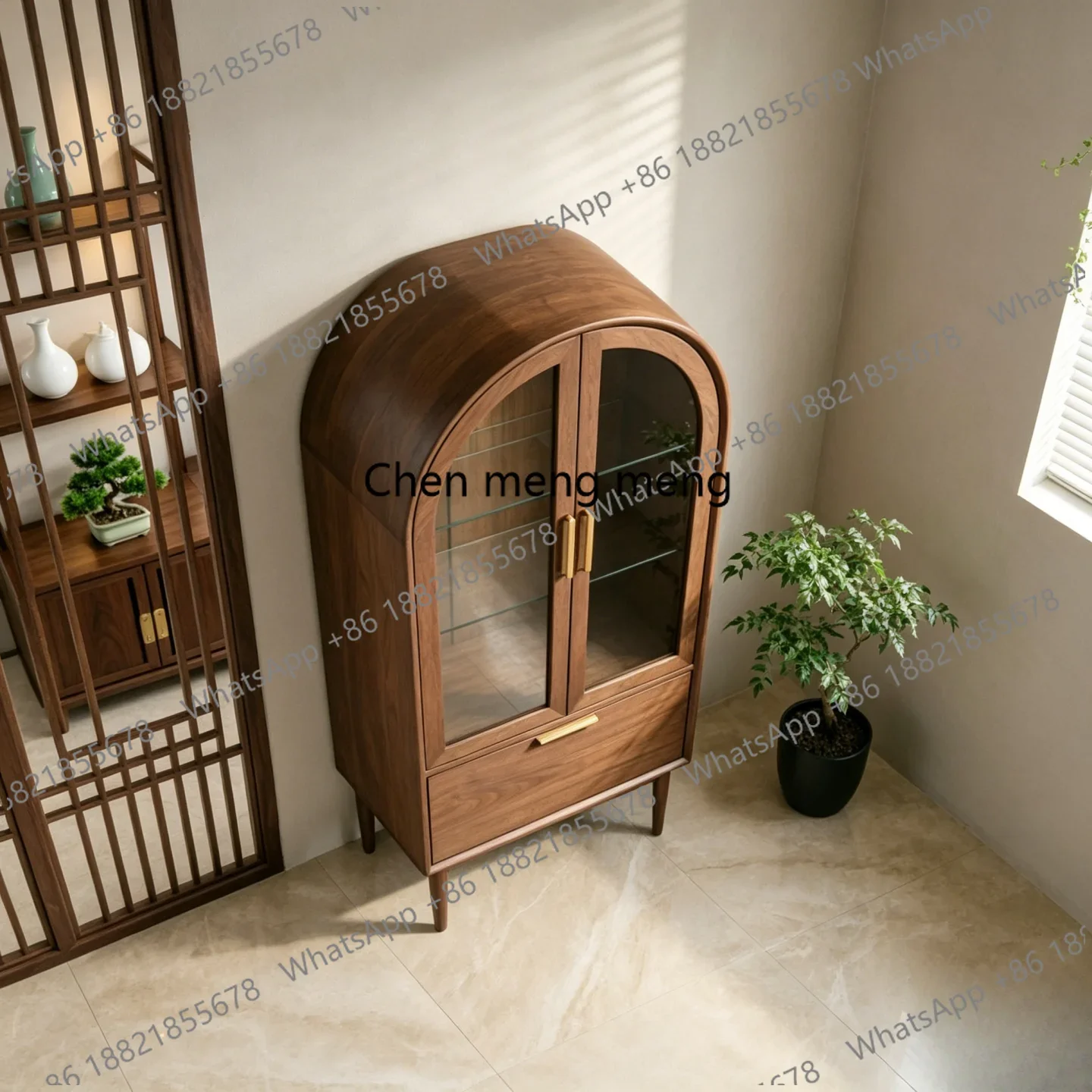 A74American tempered glass, display cabinet living room art, European-style solid wood wine cabinet