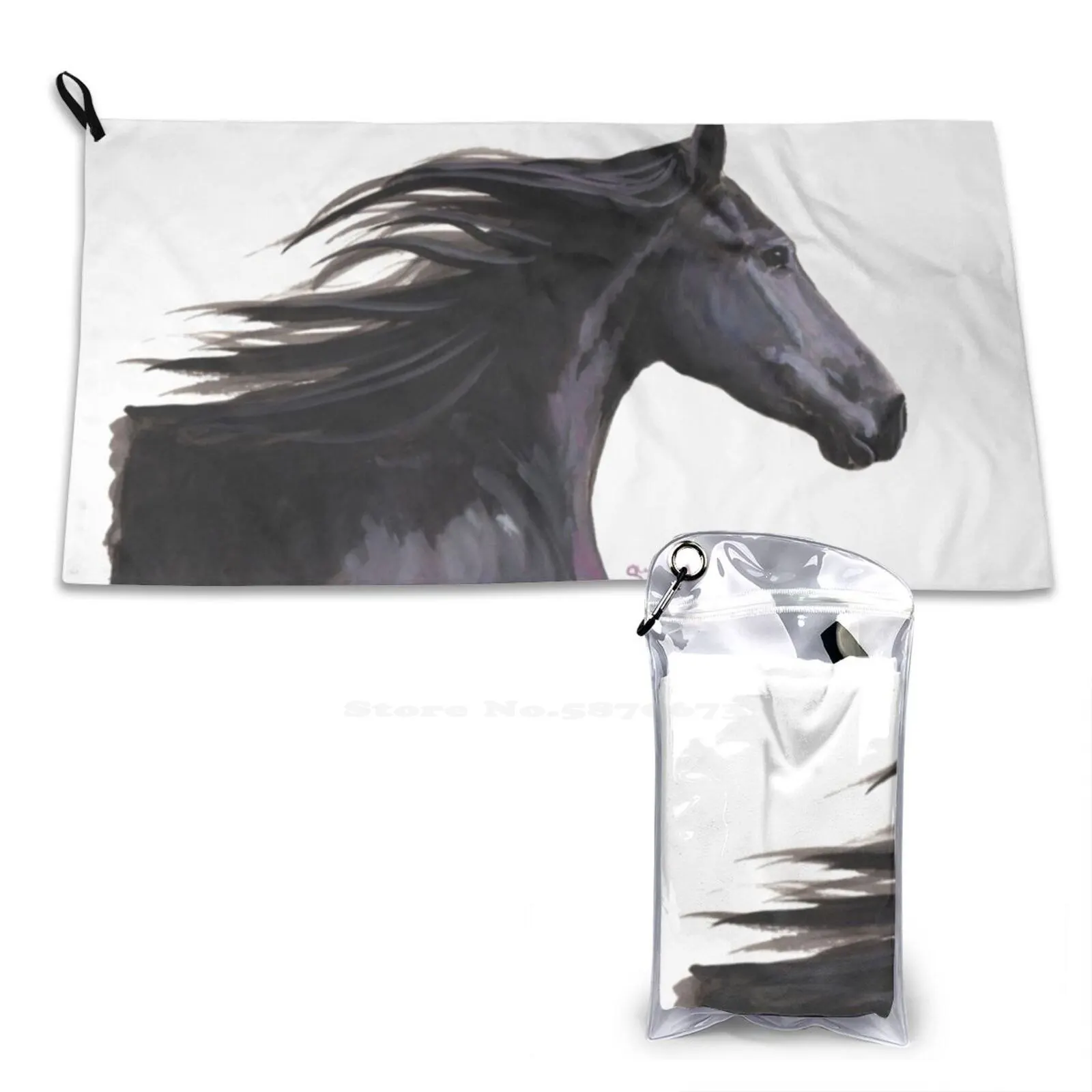 Black Friesian Horse ' Breeze ' By Shirley Macarthur Soft Towel Quick Dry Beach Towel Friesian Black Stallion Animal Snort Oink