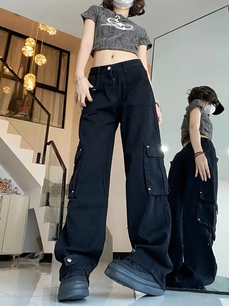 

Vintage Black Straight Casual Women's Jeans Solid Color Chic Pockets Washed Fashion Female Cargo Pants Y2k Streetwear Z165