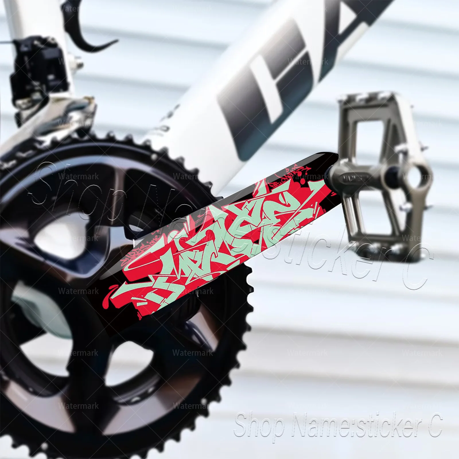 2Pcs Red Mint Graffiti Crank Arm Sticker Set, Waterproof Vinyl Decal for MTB & Road Bike