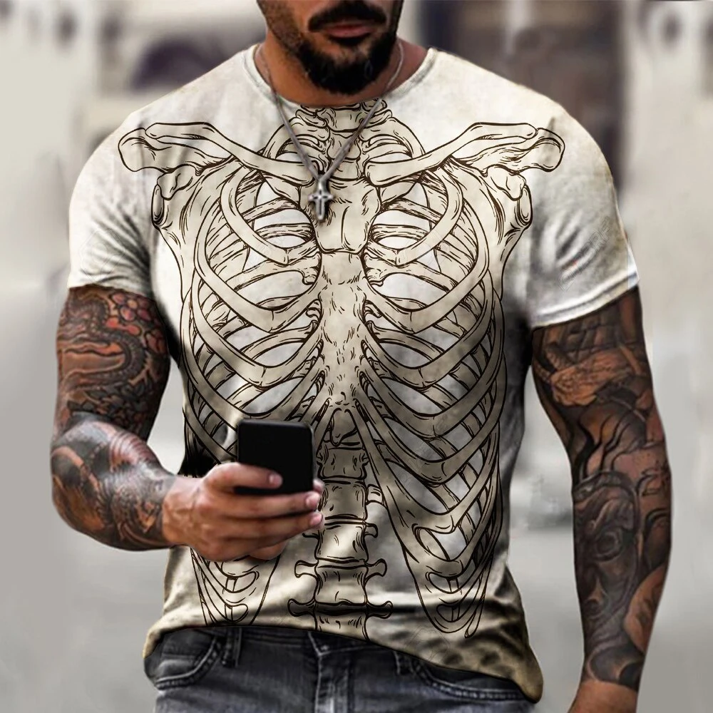 Camisetas de esqueleto de terror para hombres y mujeres, ropa de calle con estampado 3D de hueso aterrador, camiseta de manga corta de gran tamaño a