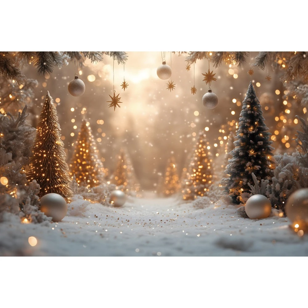 White Christmas Photography Background Xmas Pine Tree Gold Bells Winter Snow Kids Portrait Christmas Decor Backdrop Photo Studio