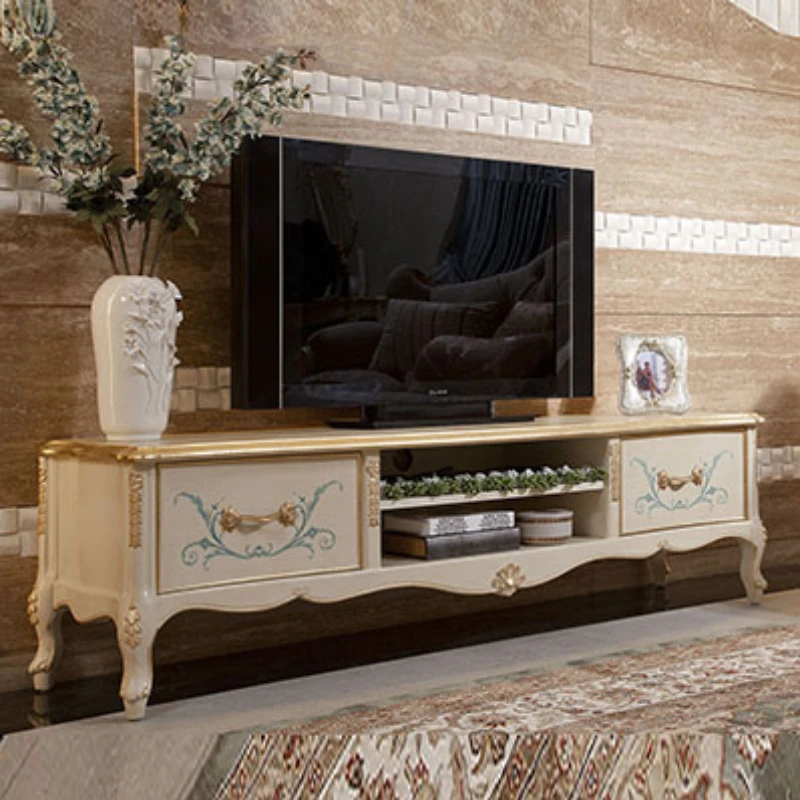 French TV cabinet living room solid wood audition cabinet beige gold-painted cabinet villa hand-painted chest of drawers