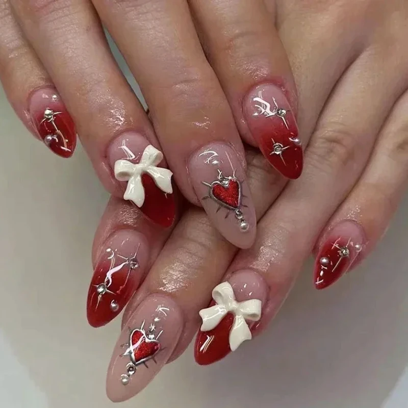 Bowknot rosa vermelho amor coração estrela strass pérola dia dos namorados imprensa em unhas apontadas unhas falsas arte amêndoa encantos de unhas falsas