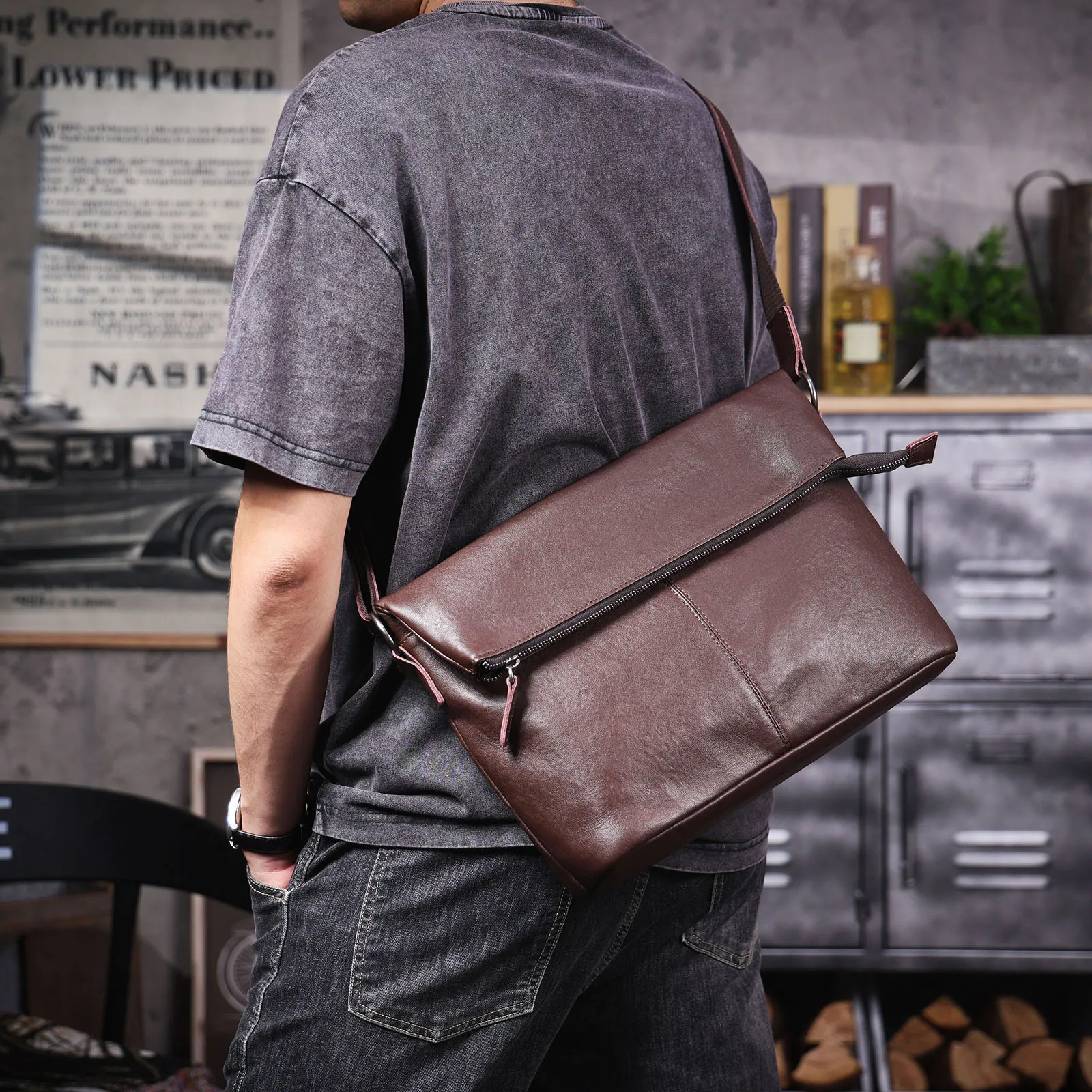 Echte Leder-Umhängetasche für Herren, Crossbody-Laptoptasche, einfache Rindsleder-Tasche aus pflanzlich gegerbtem Leder, modisch und lässig – Detail 6