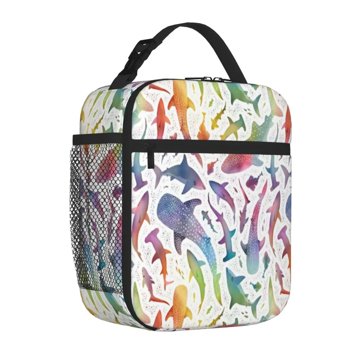 Hot Sale Rainbow Shark Ocean On White Three Compartment Carry Lunch Bag Lawn Dining Thermal Tote