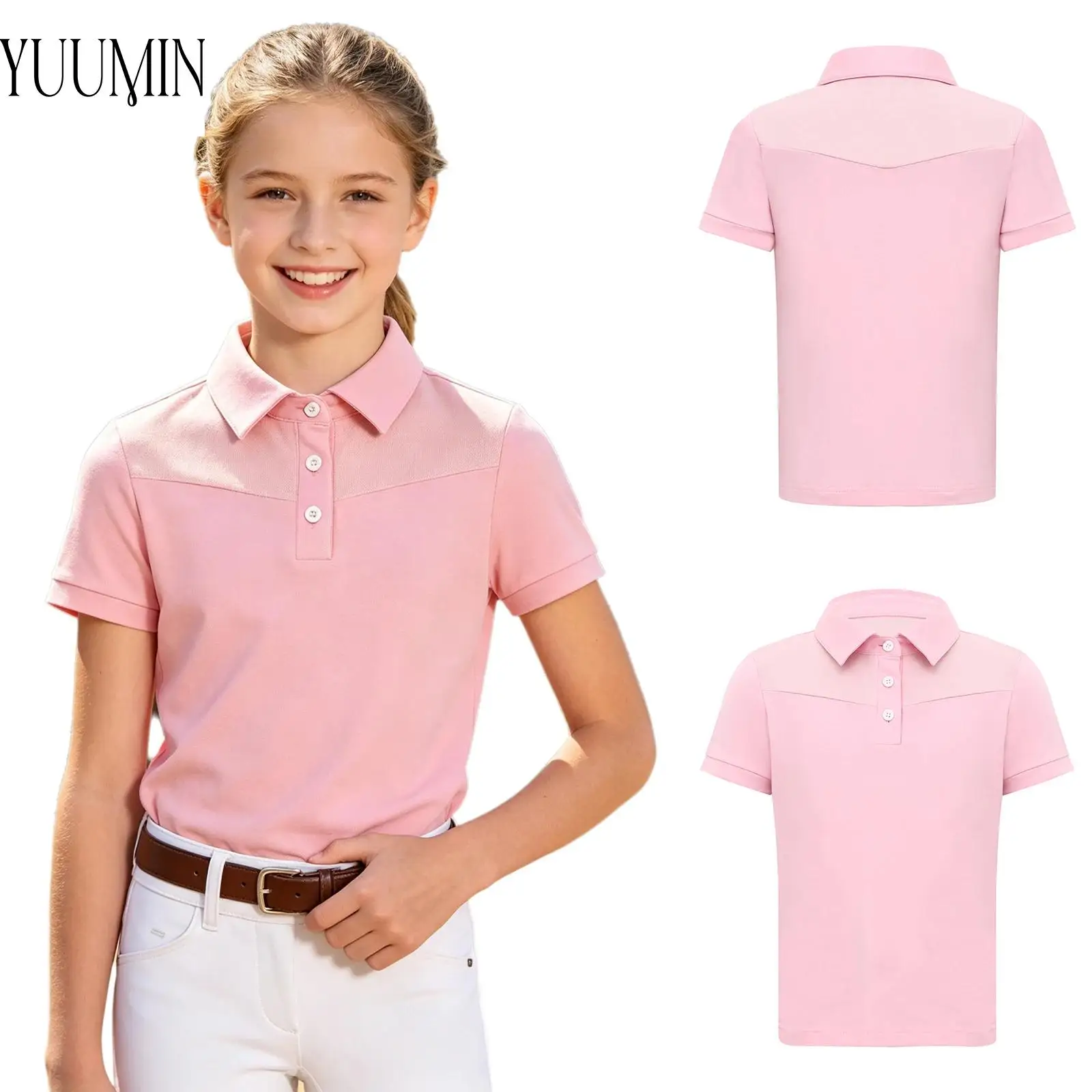 Girls Horse Riding Top Turn Down Collar Short Sleeve Buttons Closure Equestrian Sports Shirt Breathable Quick Dry for Training