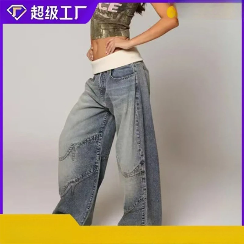 

Unisex Streetwear Hip Hop Baggy Straight Jeans American Retro Washed Blue Distressed Embroidered Spliced Casual Denim Pants
