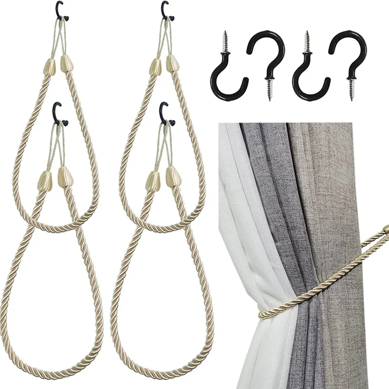 Curtain Tiebacks Ropes 4 Pack, Curtain Holdbacks With 4 Metal Screw Hooks, Holders Cord For Thin Or Thick Window Drapes