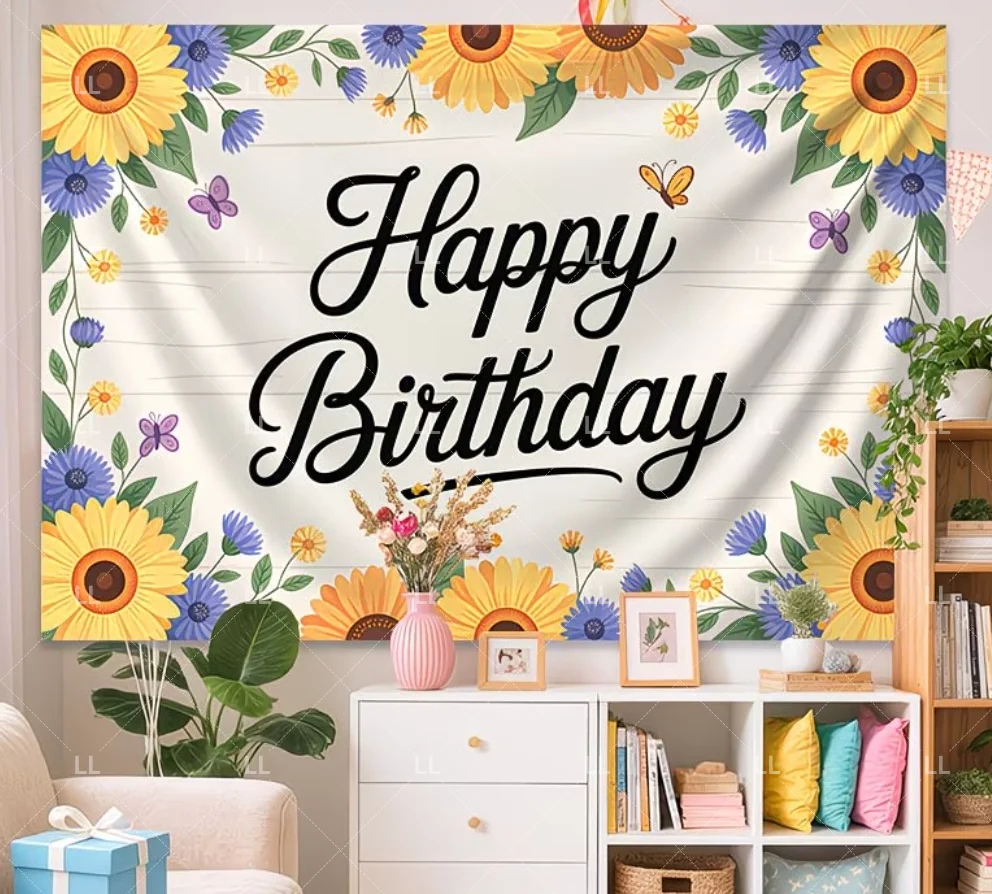 Sonnenblumen-Geburtstagsparty-Dekorationshintergrund, lebendiger, farbenfroher Blumen-Fotohintergrund, schwarz-goldenes Banner-Zubehör für Zuhause und Studio – Detail 5