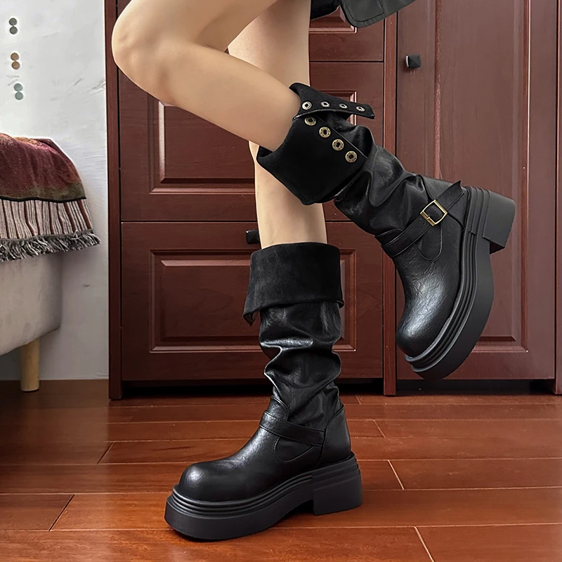 Autumn Winter Platform Thick Bottom Women Long Boots Fashion Slip On Shoes Vintage Ladies Knight Botas