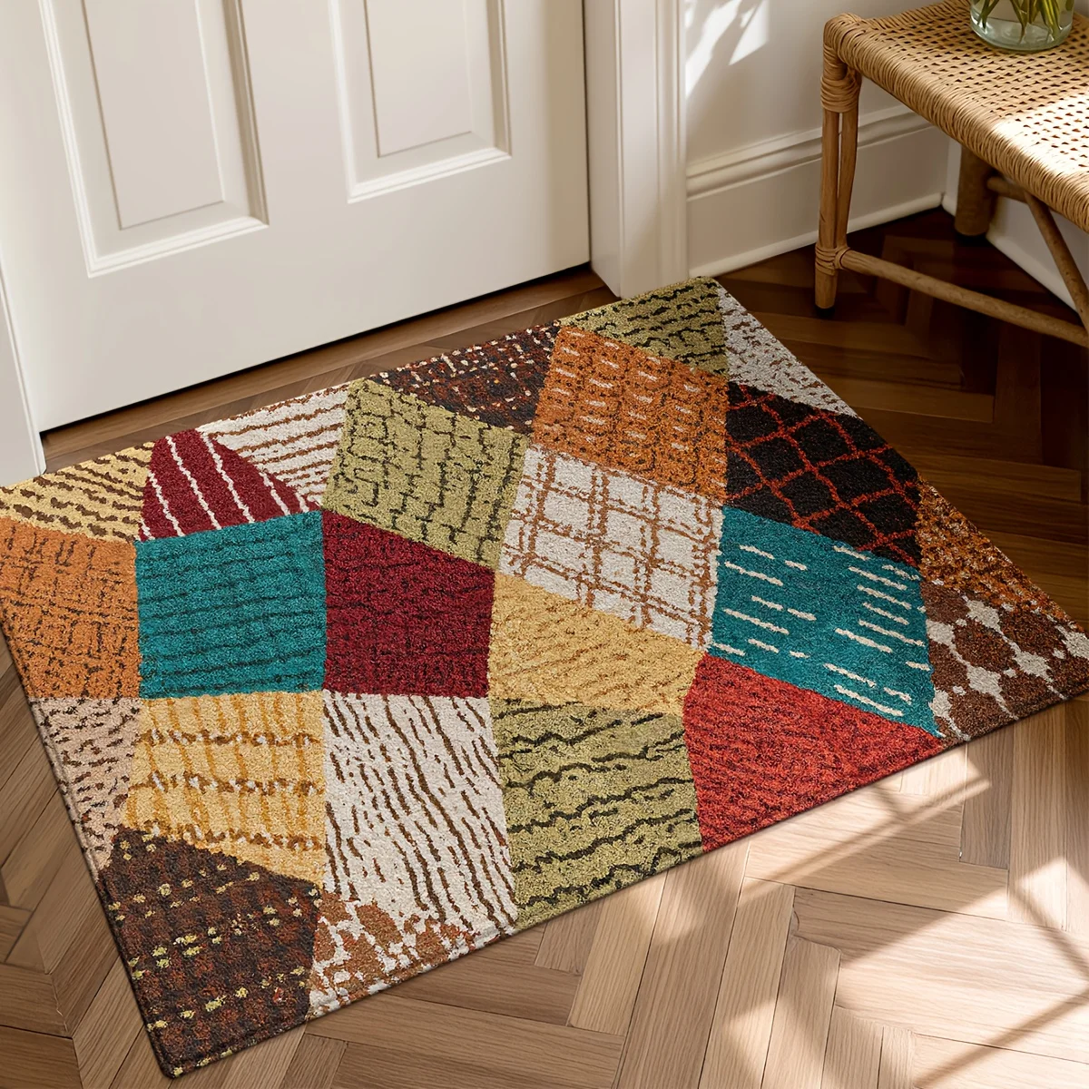 VIKAMA Entrance Floor Mat Bohemian Retro Patchwork Geometric Spliced Pattern Anti‑Slip Washable Doormat Entryway Home Decor Rug