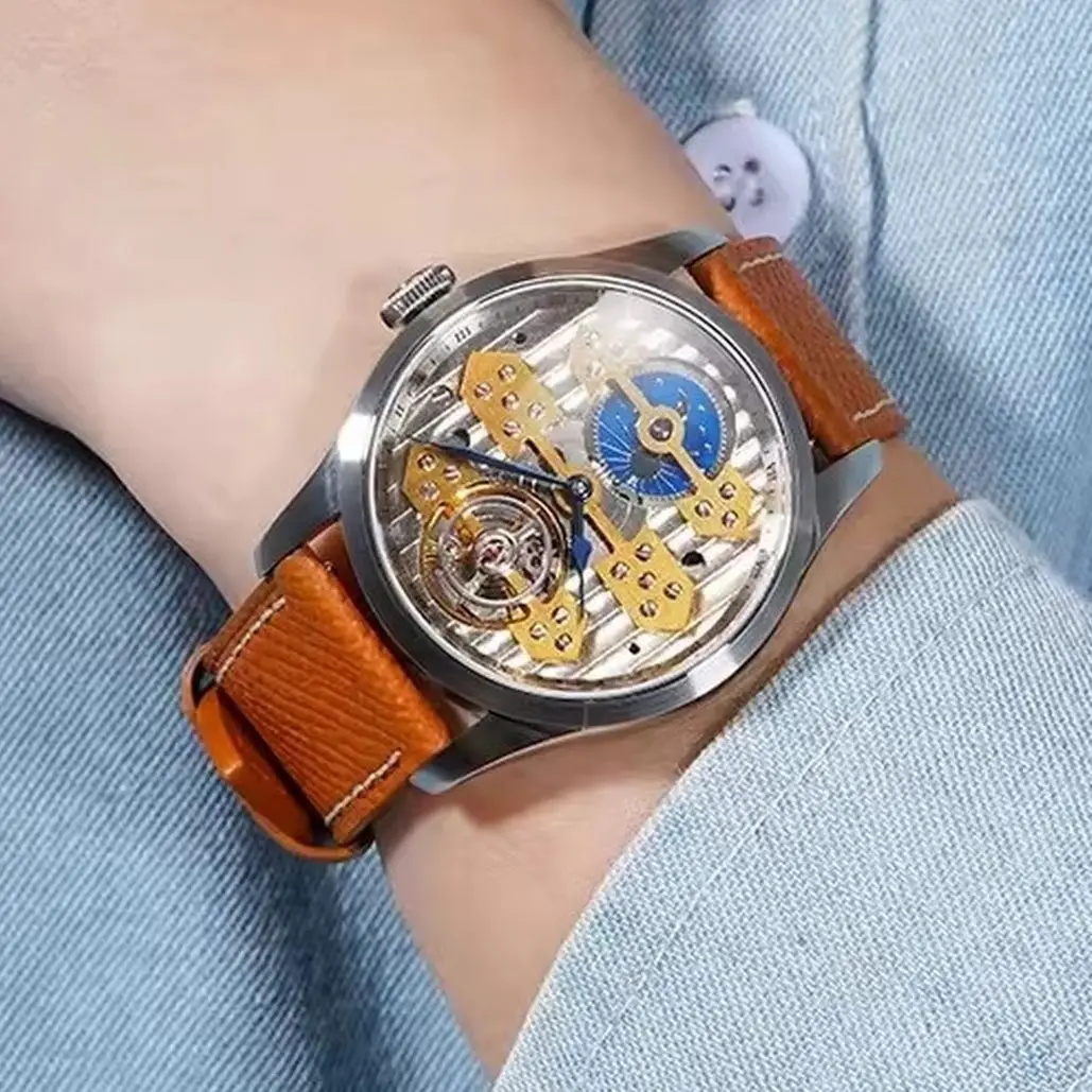FARASUTE Men Mechanical Watch Fashion 39mm Manual Winding Wristwatch Sapphire Mirror Sun-Moon Indicator Luminous Skeleton Dial