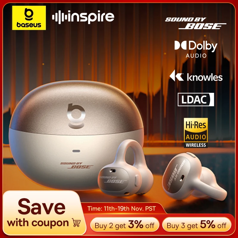 Baseus Inspire XC1 Ear Clip Wireless Earbuds Bluetooth 6.1 Hi-Res Open Earphones earrings 4-Mics Clip on ear buds Sound by Bose