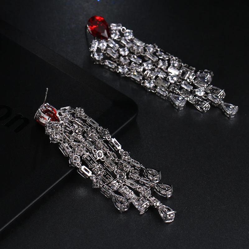 LXOEN Luxury 8 Color Women Wedding Tassel Drop Earrings with Silver Color Zircon Crystal Bride Dangle Earings Jewelry Gift