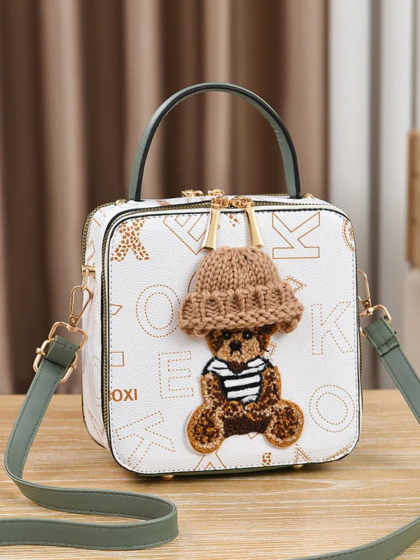 Faionable ours impression boîte sac femmes bandoulière sac à main Sli polyvalent petit sac carré loisirs fermeture à glissière PVC matériel