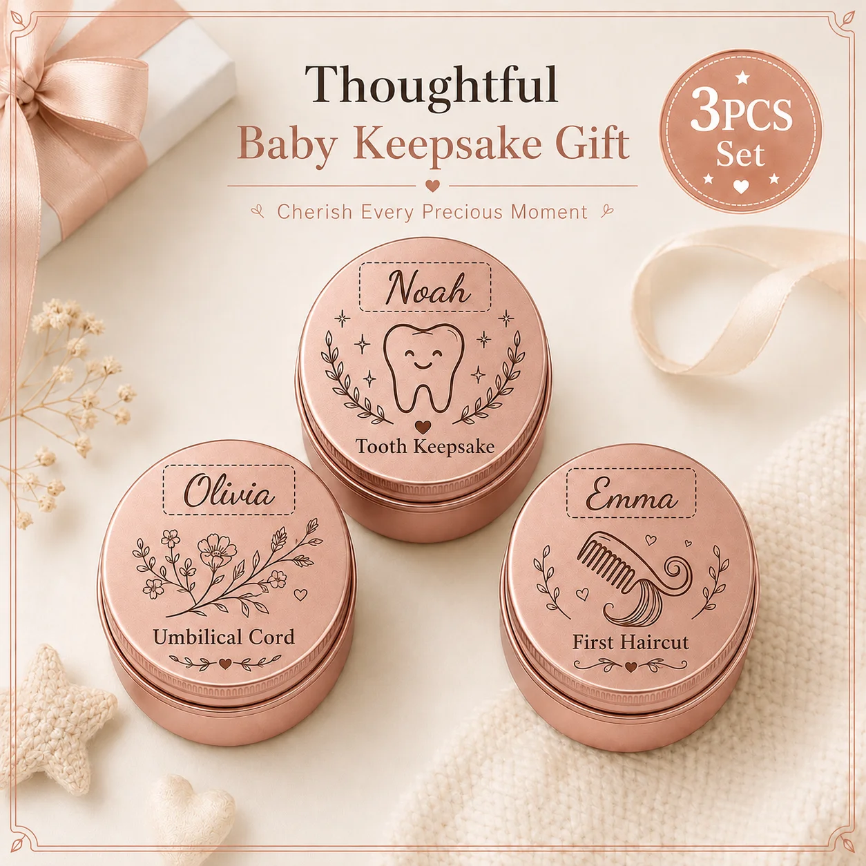 3Pcs Custom Tooth Fairy Storage Boxes, Baby Teeth, Umbilical Cord, and Fetal Hair Keepsake Boxes, Birth Souvenirs, Home Decorations, Are an Excellent Choice for Birthday Gifts, and Are Ideal Gifts for New Parents Product Set with 3 Different Design Styles, 3 Different Colors to Choose From, Birth Souvenir, Gift for New Parents, Pregnancy