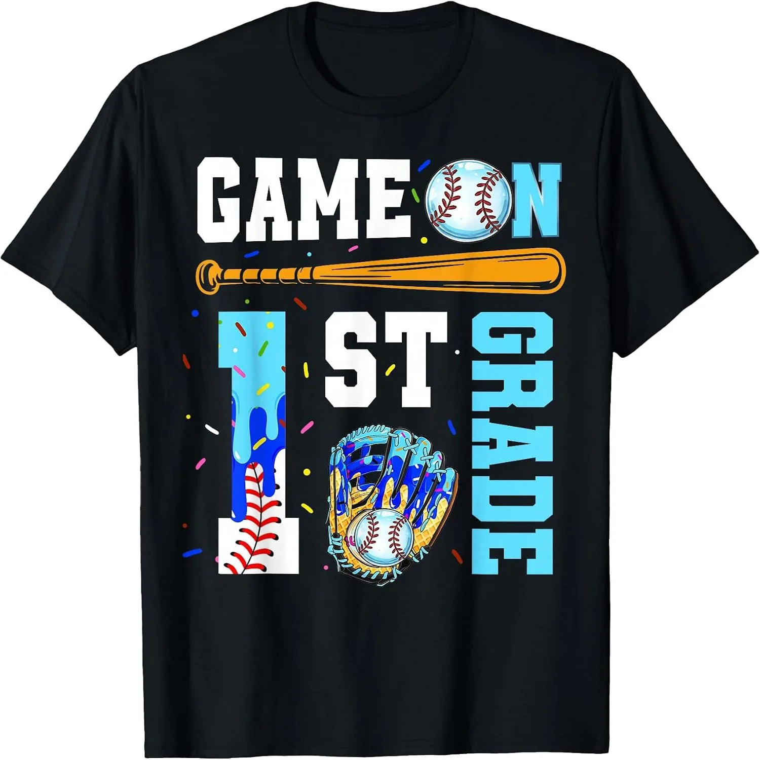 1st Grade Back to School Baseball Drip Ice Cream Game On T-Shirt graphic tee, unisex, 100% cotton,