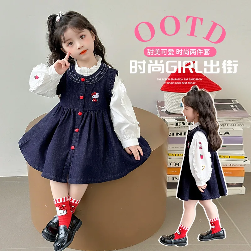 

Hello Kitty Round Neck Base Shirt Dress Set Girl Cartoon Spring Autumn Kawaii New Fashion Princess T Shirt Denim Dress