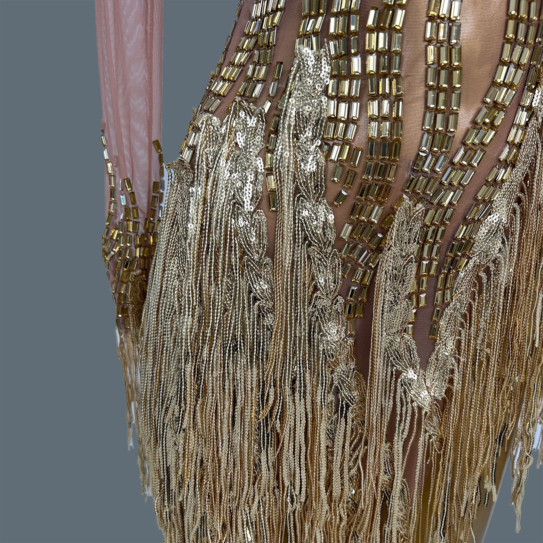 عرض مسرحي للحفلات سباركلي حجر الراين الذهبي انظر من خلال شبكة فستان قصير المرأة اللاتينية فستان رقص حفلة الترتر شرابة الزي ريكي