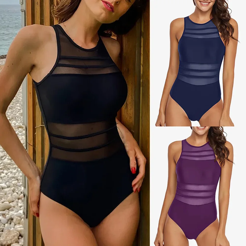 2025 Sexy One Piece Swimsuit Black Mesh Swimwear for Women High Neck Summer Beachwear Bathing Suits Strapless Solid Color