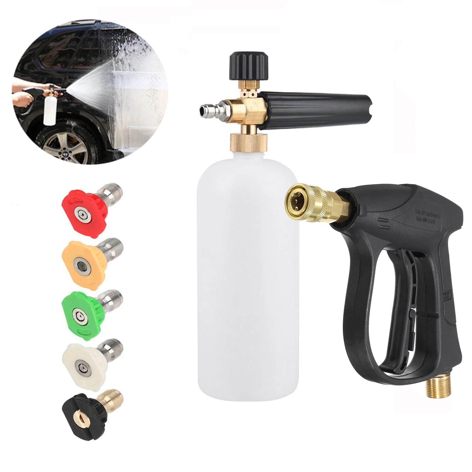 1L High Pressure Foam Cannon with Snow Foam Lance, Adjustable Nozzle, 5 Interchangeable Tips - 1/4 Inch Quick Connect