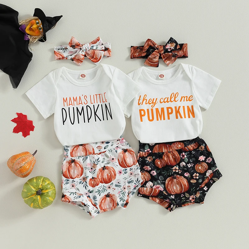 

2023-06-27 Lioraitiin 0-18M Baby Girls 3Pcs Halloween Shorts Sets White Short Sleeve Letter Print Romper Pumpkin Print Shorts