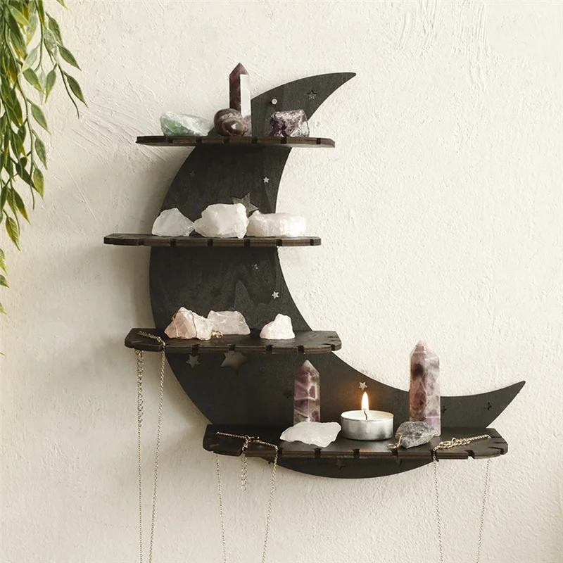 TFORU-Wooden Moon Stand, Crystal Stand Display Wall Storage Rack Collection Box Wall Mounted