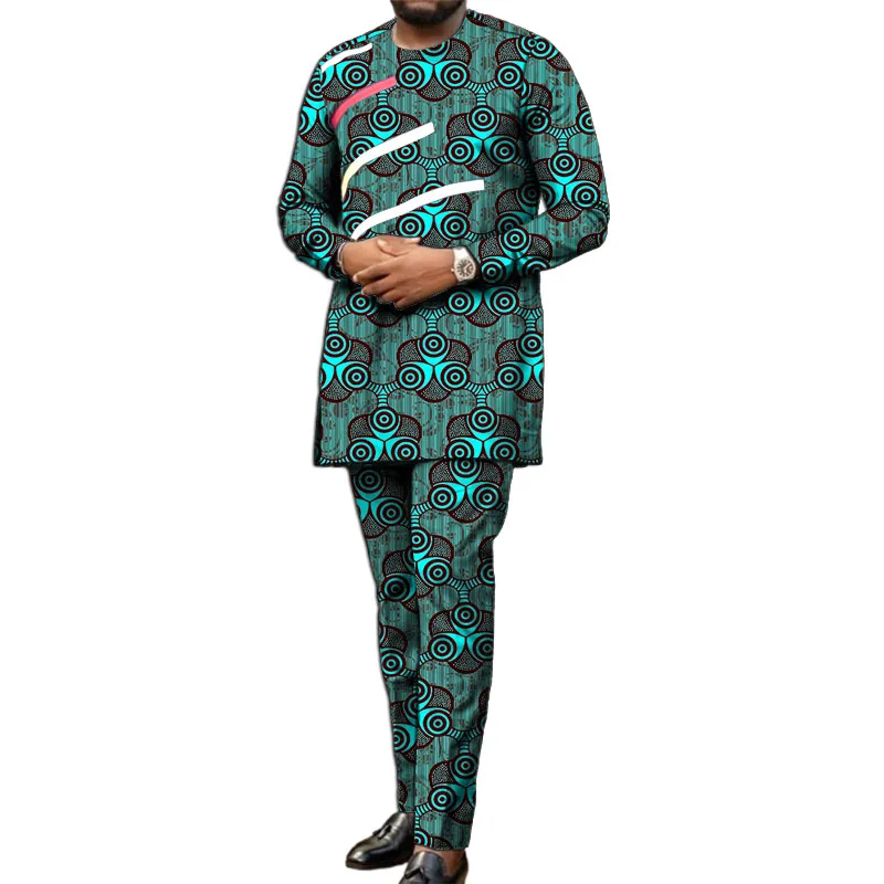 Long Sleeves African Clothes Men Set Nigerian Style Colorful Stripe Patchwork Tops With Pant Groom Suit Male Traditional Outfit