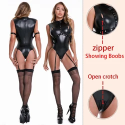 Faux PU skórzane body ze skarpetą kobiety impreza w klubie nocnym Sexy erotyczne otwarty biustonosz krocza Catsuit porno Mistress fetysz Bondage