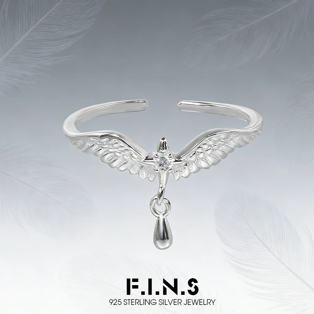 

F.I.N.S Original Wing S925 Sterling Silver Ring Minimalist Zircon Star Angel Tears Pendants Open Adjustable Finger Fine Jewelry