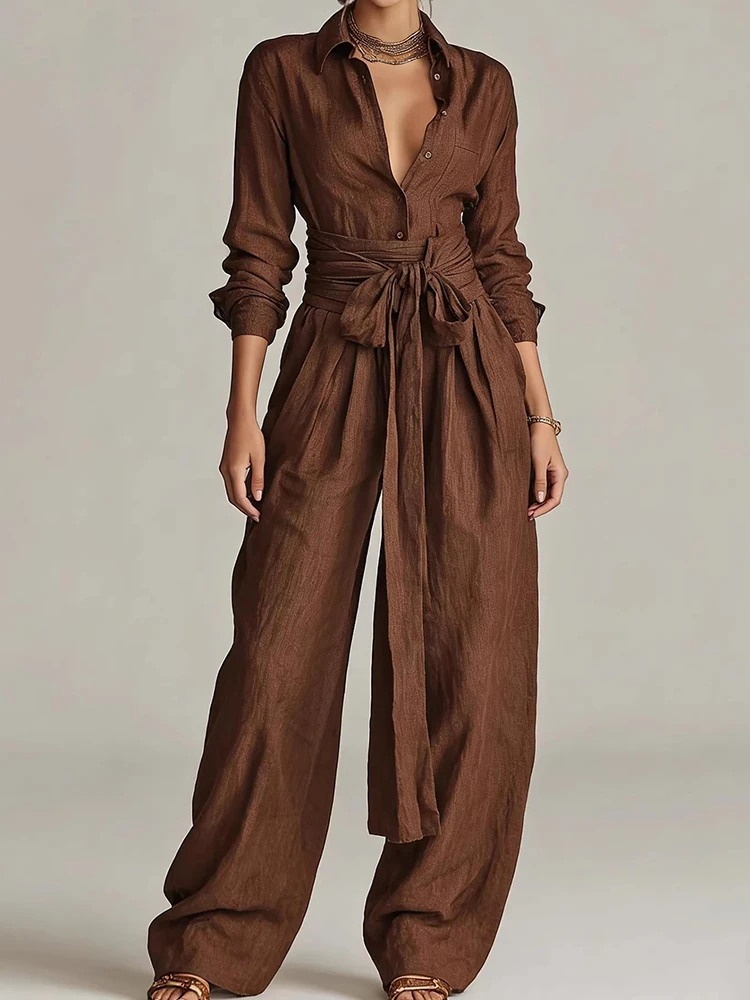 Women Solid Two-Piece Set Turn-Down Collar Long Sleeve Single-Breasted Top And Wide Leg Pants Spring Summer Fashion Outfit 2026